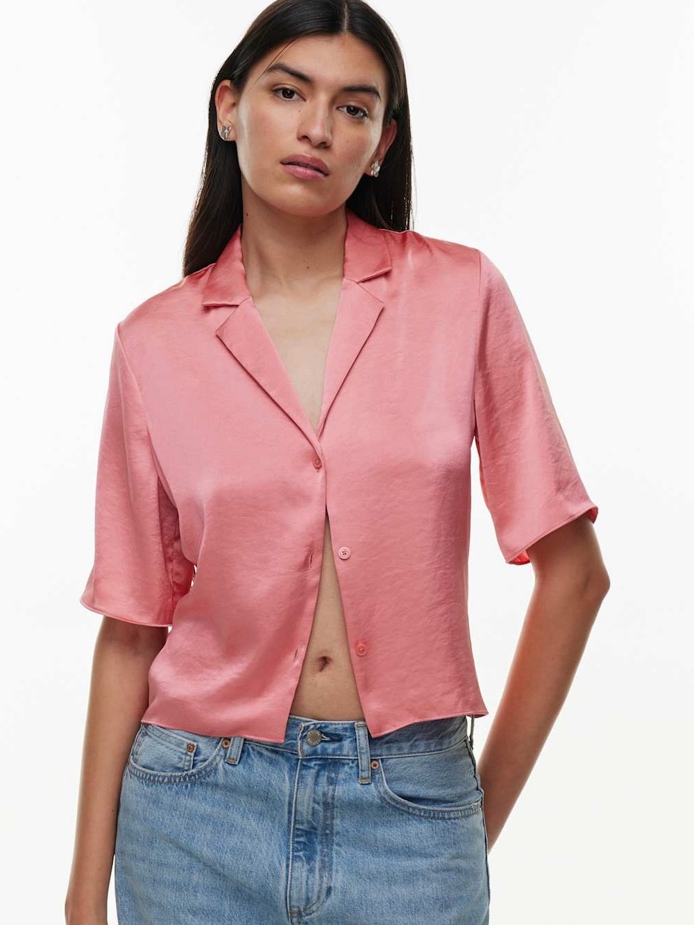wilfred aritzia blush petunia pink button up beso satin shirt slinky retro